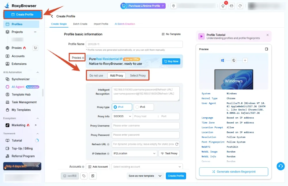 RoxyBrowser profile configuration screen with the Proxy Add control
